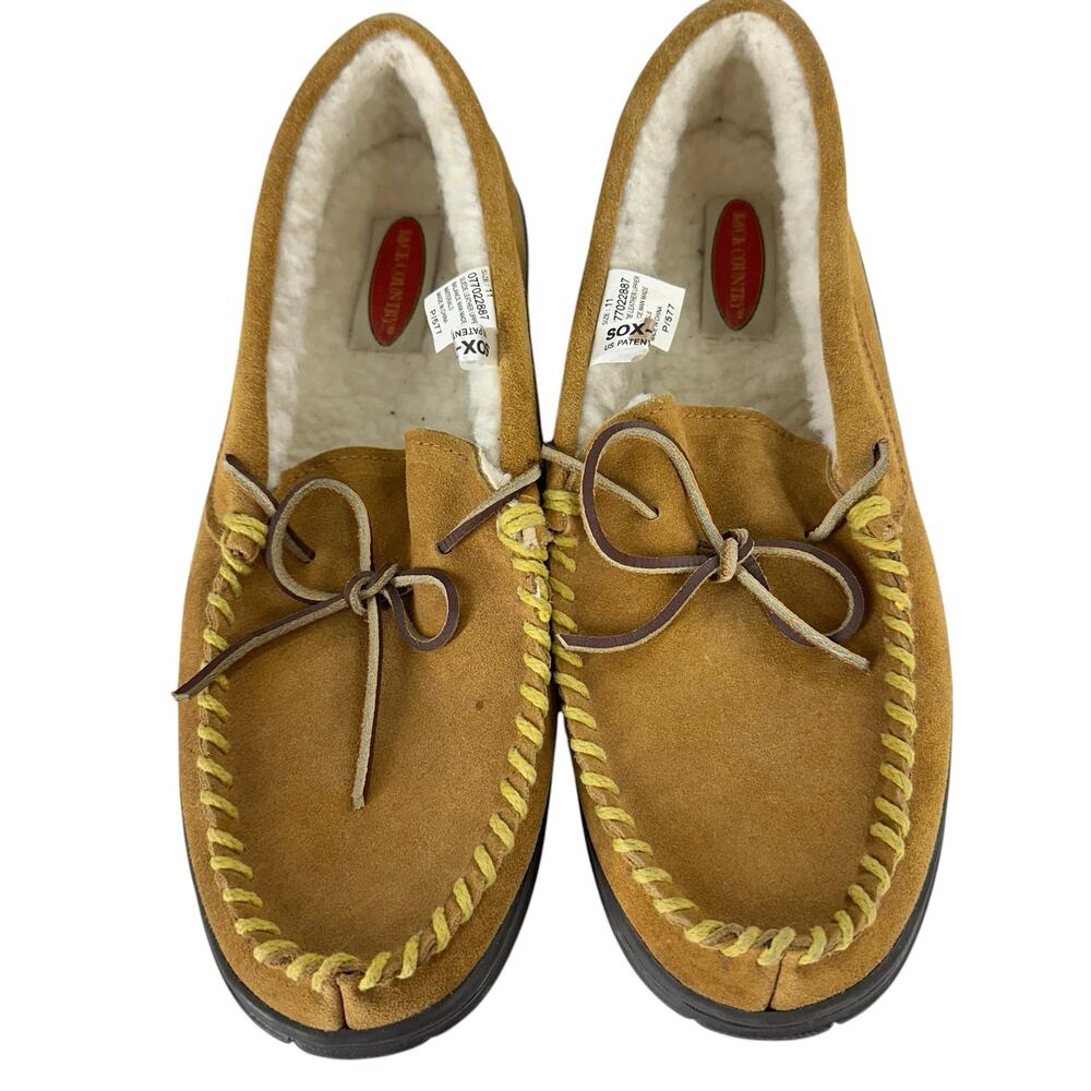 Mens Slippers Size 11 Faux Fur Lined Suede Tan Brown Moccasin Casual Comfy Cozy
